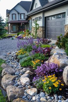 a rock garden in front of a house with flowers and rocks on the ground next to it