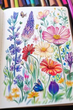 Colored Pencil Doodle All Types Of Flowers Drawing, Colored Pencil Art For Beginners, Creative Doodle Art Inspiration, Doodle Art Flowers Floral, Pencil Art Flower Drawings, Drawing Scrapbook Ideas, Simple Drawing Flowers, Fun Drawing Ideas Creative, How To Color Flowers With Color Pencils