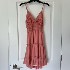 Nwot- Coral Lace Dress With Tie In Back. Size S But Has Elastic Back And Adjustable Tie. Pink Midi Length Sundress For Date Night, Pink Midi Sundress For Date Night, Pink Knee-length Sundress For Brunch, Pink Knee-length Sundress For Day Out, Casual Pink Sundress For Date Night, Pink Sundress For Date Night, Pink Summer Sundress For Date Night, Mauve Lace Dress, Red Embroidered Dress