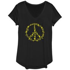 She'll love the look and feel of this Women's Floral Apparel Peace Sign Graphic Tee. She'll love the look and feel of this Women's Floral Apparel Peace Sign Graphic Tee. FEATURES V-neck Short SleevesFABRIC & CARE Polyester/Rayon/Spandex Machine wash Imported Size: X Large. Color: Black. Gender: female. Age Group: kids. Multicolor Graphic Tee With Floral Print, Multicolor Floral Print Graphic Tee, Hippie Floral Print T-shirt For Summer, Peace Sign Tshirt Design, Cotton Short Sleeve T-shirt With Peace Sign, Peace Sign, Fabric Care, Gender Female, Graphic Tee