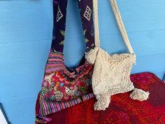 "These are two beautiful cross-body purses. One is a pretty Guatemalan purse is 18\" wide, 15\" high, and the strap is 40\" long. The other is a vintage crochet beige purse: 11\" by 11\", and the strap is 48\"  Sold seperately" Bohemian White Crossbody Crochet Bag, White Bohemian Crochet Crossbody Bag, White Bohemian Satchel Shoulder Bag, Festival Rectangular Crochet Shoulder Bag, Rectangular Crochet Shoulder Bag For Festival, Bohemian Crochet Satchel With Adjustable Strap, White Bohemian Bag With Weaving, White Bohemian Crochet Bag For Market, Bohemian Woven Crossbody Hobo Bag