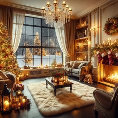 a living room decorated for christmas with candles and decorations on the windows sill, couches, coffee table and fireplace