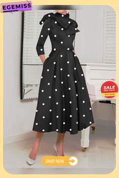 Polka Dots Regular Fit High Elasticity X-line Stand Collar Elegant Dress Polka Dot A-line Midi Dress For Spring, Polka Dot A-line Spring Midi Dress, Spring A-line Polka Dot Midi Dress, Knee-length Polka Dot Midi Dress For Party, Polka Dot A-line Party Dress, Long Sleeve Polka Dot Midi Dress For Party, Polka Dot Long Sleeve Midi Dress For Party, Elegant Dress, Three Quarter