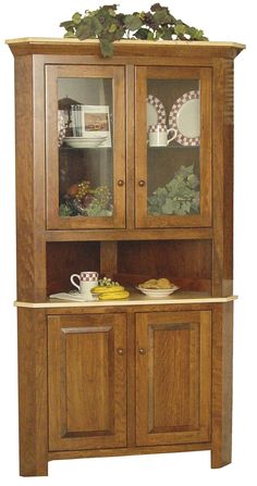 Brookline Corner Hutch-The Amish House Corner Hutch, Open Deck, Dining Corner, Maple Stain, Quarter Sawn White Oak, Hickory Wood, Flush Doors, White Oak Wood, Amish Furniture