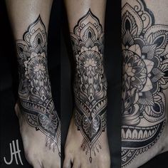 two pictures of the same person's legs with tattoos on them and one has a flower