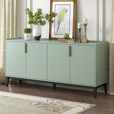 [Luxurious Design]: The modern-style cabinets and textured aluminum handles complement each other, making it look very beautiful. Latitude Run® Color: Green, Hardware Finish: Black | Latitude Run® Storage Cabinet Sideboard Wooden Cabinet w / 4 Doors For Hallway, Entryway, Living Room | 29.9" H X 63" W X 15.6" D | Wayfair Aluminium Texture, Cabinet Sideboard, Wooden Storage Cabinet, Sideboard Storage Cabinet, Wooden Cabinet, Wooden Sideboard, Modern Cabinets, Wood Sideboard, Adjustable Shelf