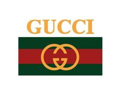 the gucci logo is shown in orange and green stripes with an orange g on top