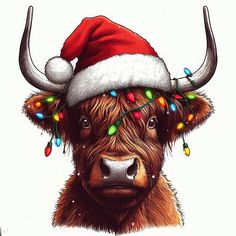 a cow wearing a santa hat with christmas lights on it's ears and horns