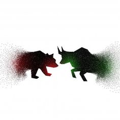 two bears are facing each other with colored spots around them on a white background,