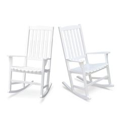 two white rocking chairs sitting next to each other on a white surface with no one in it