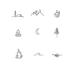 the different types of trees and mountains are drawn in black ink on a white background