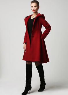 "This hooded red wool coat gives you the fall winter feels! Everything you need in a perfect hooded wool coat is here. The stylish wool coat to wear this season to church, work events, and out and about town....and now the search is over! It has been meticulously tailored with superior wool fabric that will keep you warm all season long. Every woman needs a wool coat in her wardrobe! Here are the reasons why I love this red cool coat. DETAIL * If you need the Parent-child outfit (Mom and daughte Hooded Wool Outerwear, Hooded Wool Coat With Pockets For Fall, Solid Wool Hooded Outerwear, Solid Color Wool Hooded Outerwear, Hooded Wool Coat With Pockets For Winter, Hooded Wool Sweater Coat For Cold Weather, Hooded Wool Sweater Coat For Winter, Wool Hooded Jacket With Detachable Hood For Fall, Wool Hooded Sweater Coat For Winter