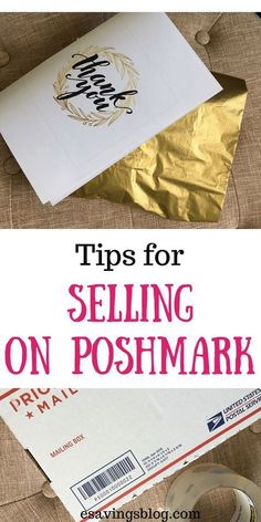 an envelope with the words tips for selling on poshmark next to some tape