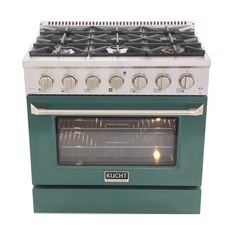 a green oven with four burners on the front and one in the back, against a white background