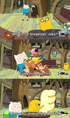 an image of cartoon characters with caption that reads, what's for breakfast, take