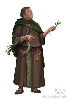 a man in brown and green robes holding a flower on his left hand while standing next to a knife