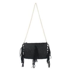 MAGID WOMEN'S PAPER STRAW BAG WITH FRINGE AND CROSSBODY CHAIN Size: ONE SIZE FIT ALL.  Color: Black.  Gender: female.  Age Group: adult. Black Chain Pouch Shoulder Bag, Black Shoulder Bag For Summer Party, Summer Crossbody Clutch With Chain Strap, Summer Clutch With Chain Strap, Summer Shoulder Evening Bag, Summer Evening Shoulder Bag, Summer Black Shoulder Bag With Chain Strap, Black Rectangular Bag With Fringe, Black Shoulder Bag With Chain Strap For Summer