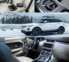 the interior and dashboard of a white range rover parked in front of snow covered mountains