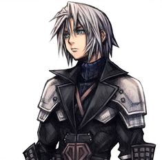 an anime character with white hair and black clothes, holding a knife in his hand