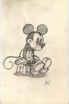 a drawing of mickey mouse sitting on the ground