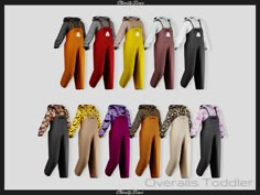 the overalls are all different colors and sizes