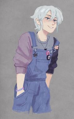 a drawing of an anime character with white hair and blue overalls, smiling at the camera