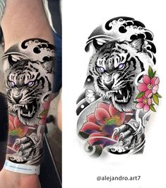 an arm tattoo with a tiger and flowers on it