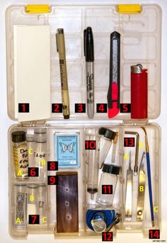 the contents of a plastic case are labeled in red and yellow numbers, including pens, scissors, pencils