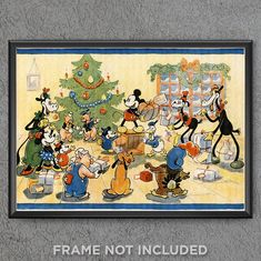 an old disney christmas card with mickey mouse and other characters around the christmas tree in front of it