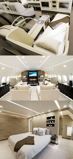 there are two pictures of the inside of an airplane with beds and couches in it