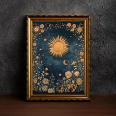 a painting on a wall with flowers and a sun in the middle, against a dark background