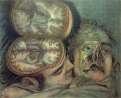 a painting of two people with clocks on their faces, one is looking at the other