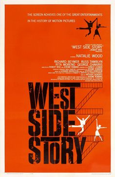 the poster for west side story is shown in red and black, with stairs leading up to