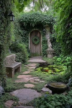 a stone path leads to a wooden door surrounded by greenery