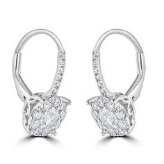 18 Karat White Gold 1.00 Carat Total Weight Round Diamond Cluster Drop Leverback Earrings. Leverback Earrings, Diamond Cluster, Round Diamond, Round Diamonds, Gift Card, White Gold, Drop Earrings, Gold, White