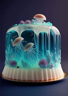 a jellyfish cake with blue icing and sea creatures on it's bottom