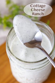 cottage cheese ranch in a mason jar with a spoon