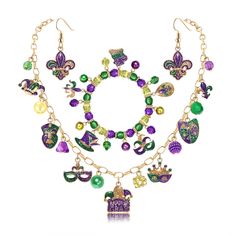 PRICES MAY VARY. MARDI GRAS JEWELRY ACCESSORY --Traditional Mardi Gras Beads necklace are essential for any New Orleans style Mardi Gras Party and Parade.Roll down Royal Street with this awesome Mardi Gras charm necklaces earrings bracelet . These glittery MARDI GRAS fleur-de-lis pendant on the gold chain necklace completes the aristocratic look! Add shine to the rest of your Mardi Gras themed accessories and apparel with this fleur de lis drop earring necklace and purple green gold beaded stret Purple Dangling Beads Jewelry For Party, Festive Dangling Bead Jewelry, Green Dangling Charms Jewelry, Green Dangle Jewelry With Charms, Green Dangle Jewelry With Dangling Charms, Multicolor Dangle Jewelry With Lobster Clasp, Party Jewelry With Adjustable Chain And Round Beads, Gold Carnival Jewelry For Party, Multicolor Charm Jewelry For Birthday