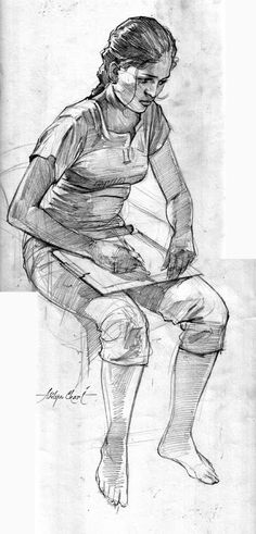 a pencil drawing of a woman sitting on a bench