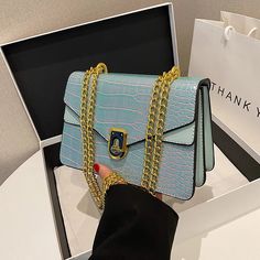 Luxury Croc-Embossed Chain Shoulder Bag in Teal Elegant Turquoise Bag For Formal Occasions, Elegant Turquoise Shoulder Bag, Knee High Boots Flat, Elegant Bags, Bags Aesthetic, Crossbody Bag Women, Women Handbag, Clutch Bags, Types Of Bag