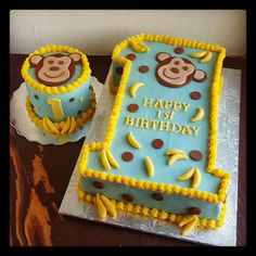 two birthday cakes decorated with bananas and monkey faces