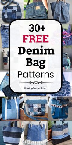 denim bags with text overlay that reads 30 free denim bag patterns