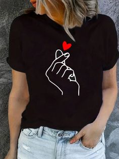 BLACK AND RED Casual Collar Short Sleeve Fabric Figure,Geometric,Heart,Letter  Embellished Medium Stretch Summer Women Clothing Black Heart Graphic Short Sleeve T-shirt, Cute Black Tops With Letter Print, Cute Black Crew Neck T-shirt, Short Sleeve Top With Heart Graphic, Stretch Short Sleeve Tops With Heart Graphic, Stretch Top With Heart Graphic And Short Sleeves, Cute Black Tops With Graphic Print, Cute Black Short Sleeve Tops, Black Tops With Heart Graphic And Short Sleeves