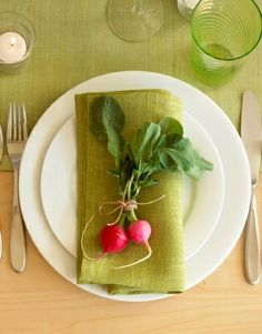 a flyer for a table setting with radishes on the napkin and silverware