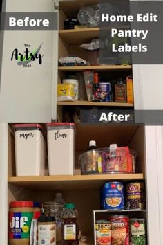 an open pantry door with the words before and after