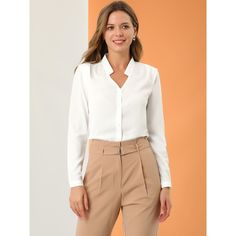 This shirt is elegant and charming for workwear or a day-to-night look, with a cut-out v-neck and unique shoulder details. No-see-through chiffon fabric and stylish v-neck make it a perfect choice for work, office, and daily wear. Pair this work office shirt with a pencil skirt, work pants, or casual jeans. The return of a classic, this button-up shirt is cut from in a chiffon sateen in an always flattering fit-and-flare silhouette. Model Body Size: Height: 5'9", Chest: 33 inches, Waist: 24 inch Elegant White V-neck Shirt, White Lapel Collar Blouse For Office, Elegant Collared Plain Blouse, Solid Color Plain V-neck Blouse, Solid Plain V-neck Blouse, Elegant Collared Plain Shirt, Collared Blouse For Office Wear, Plain Shirt For Spring Workwear, Plain Shirt For Workwear In Spring