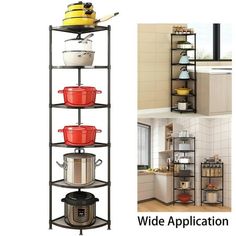 three shelves with pots and pans on them