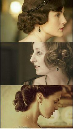 three different pictures of the same woman with hair in her buns and pearls on her head