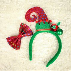 2pcs Red Elf Hat Headband And Bow Set Make A Great Holiday Gifts For Families And Friends Wide Range Of Usage: Christmas Parties, Photograph Props, Festival, Winter Ball, And Much More One Size Fit Most Adult And Kids Brand New Gifts For Families, Button Headband, Colorful Headbands, Winter Ball, Hat Headband, Headband Bow, Elf Hat, Handcrafted Accessories, Christmas Parties