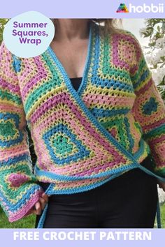 a woman wearing a crochet sweater with the words summer squares wrap on it